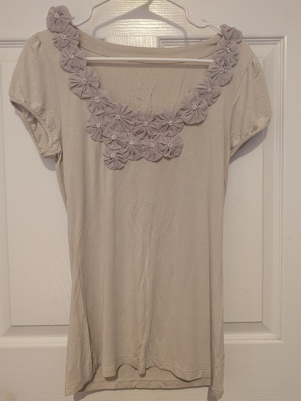 INC International Concepts Cream Short Sleeve Top with Floral Appliqués